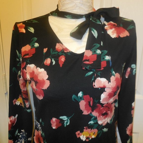 Vintage Blouse Top stretchy knit floral black-pink wear to work retro romantic - Picture 7 of 8